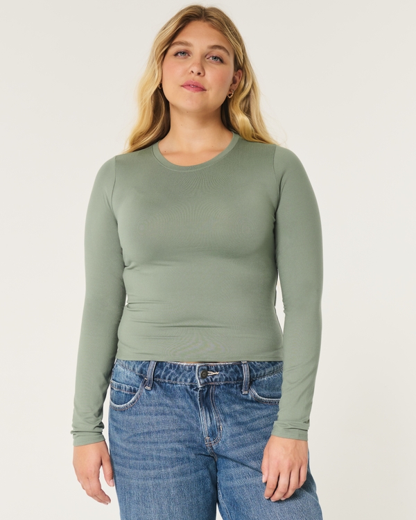 Soft Stretch Seamless Fabric Long-Sleeve Top, Olive