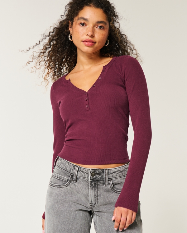 Cozy Ribbed Seamless Fabric Henley, Mulberry