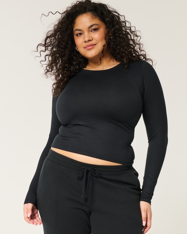 Soft Stretch Seamless Fabric Long-Sleeve Crew Top, Black