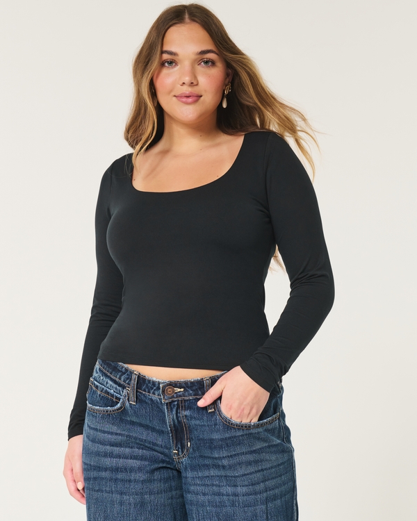 Soft Stretch Seamless Fabric Scoop Top, Black