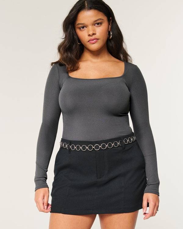 Ribbed Seamless Fabric Square-Neck Bodysuit, Charcoal Gray