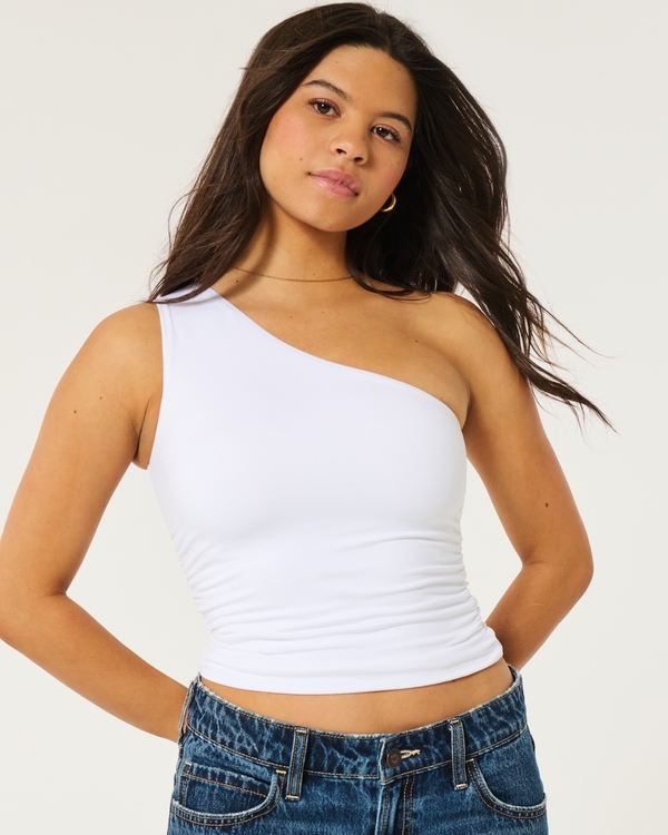 Soft Stretch Seamless Fabric Ruched One-Shoulder Top, White