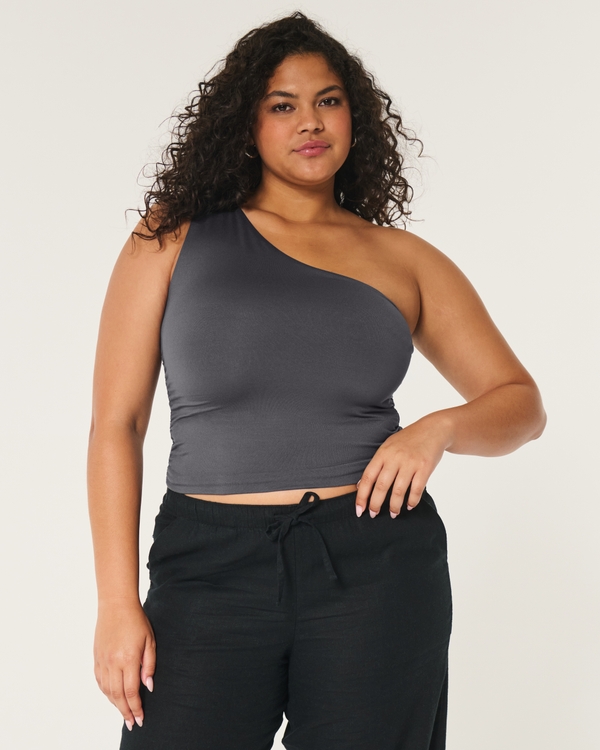 Soft Stretch Seamless Fabric Ruched One-Shoulder Top, Charcoal Gray