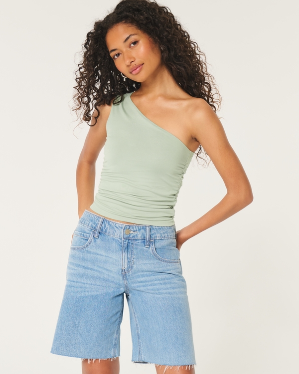 Soft Stretch Seamless Fabric Ruched One-Shoulder Top, Sage Green
