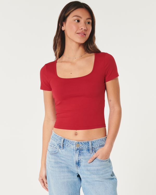 Soft Stretch Seamless Fabric Square Neck T-Shirt, Red