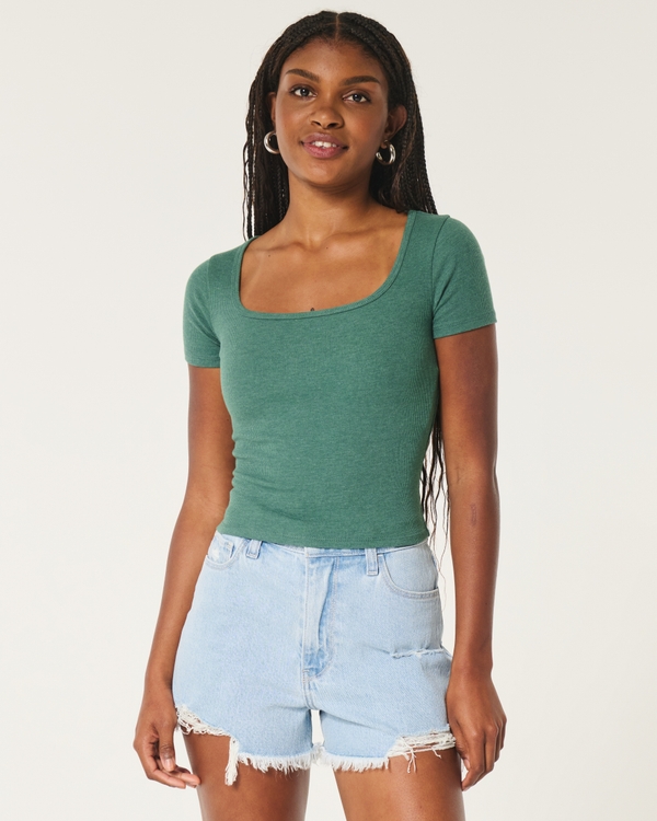 Ribbed Square-Neck Baby Tee, Green view 1