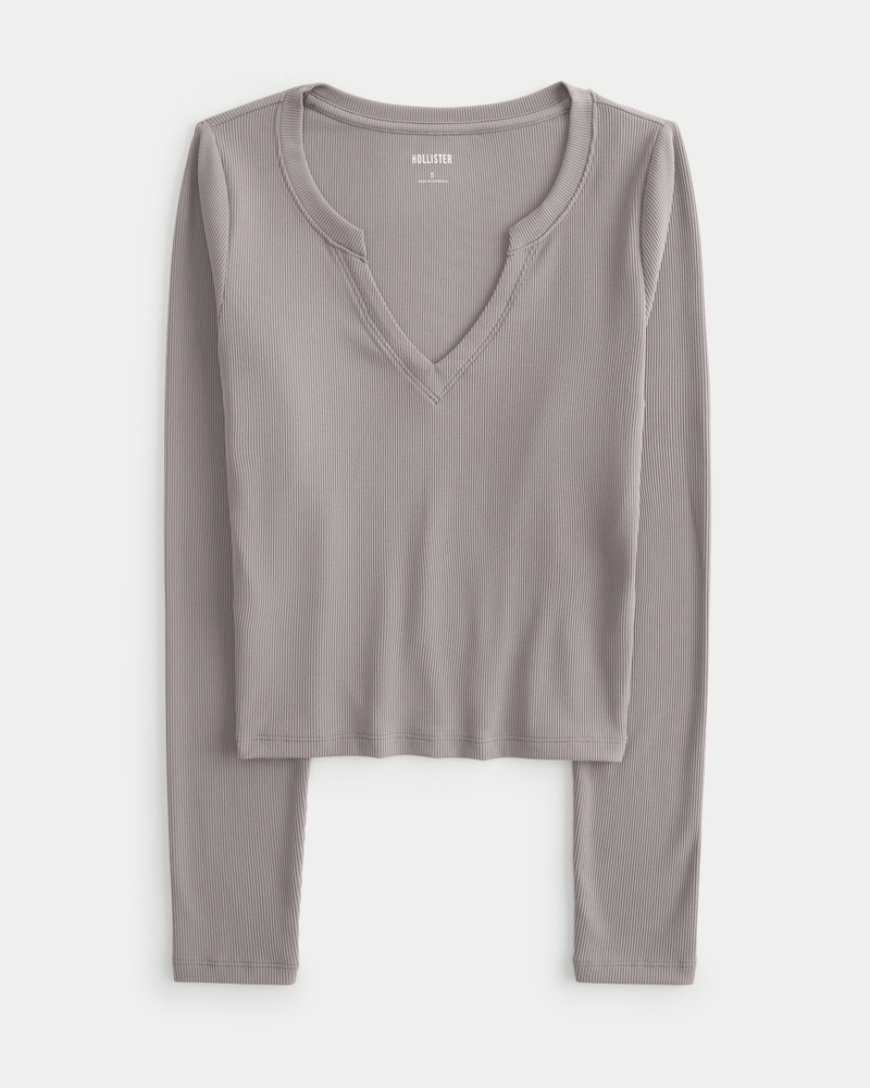 Ribbed Seamless Fabric Notch-Neck Top