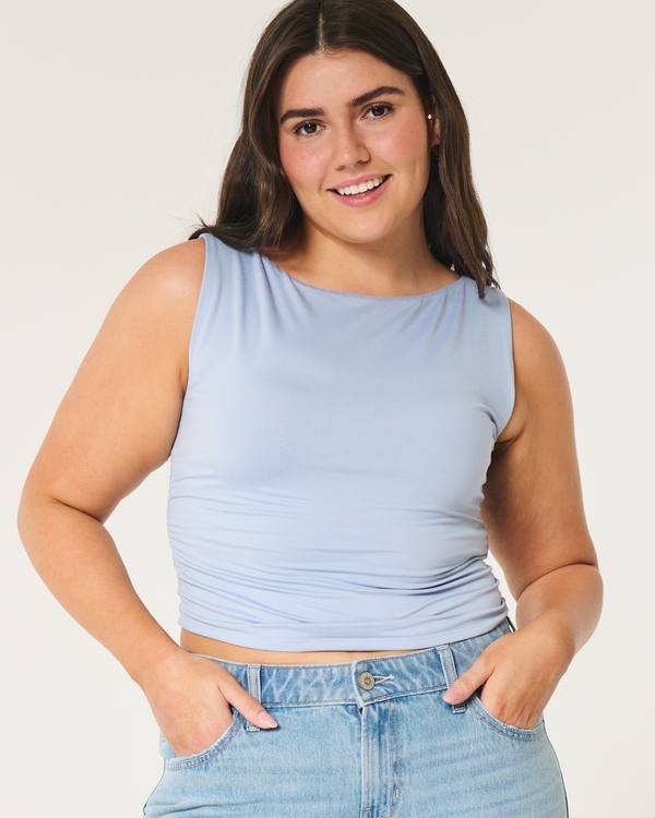 Soft Stretch Seamless Fabric Ruched Top, Dusty Blue