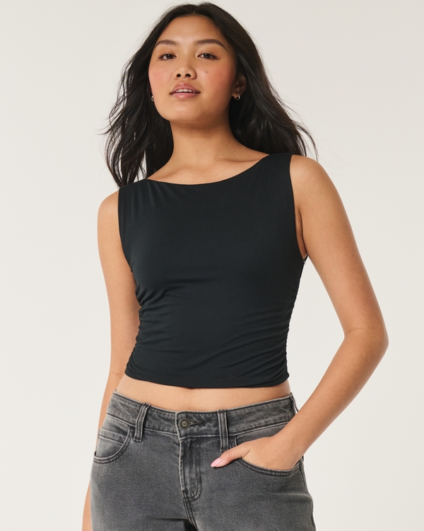 Soft Stretch Seamless Fabric Ruched Top, Black