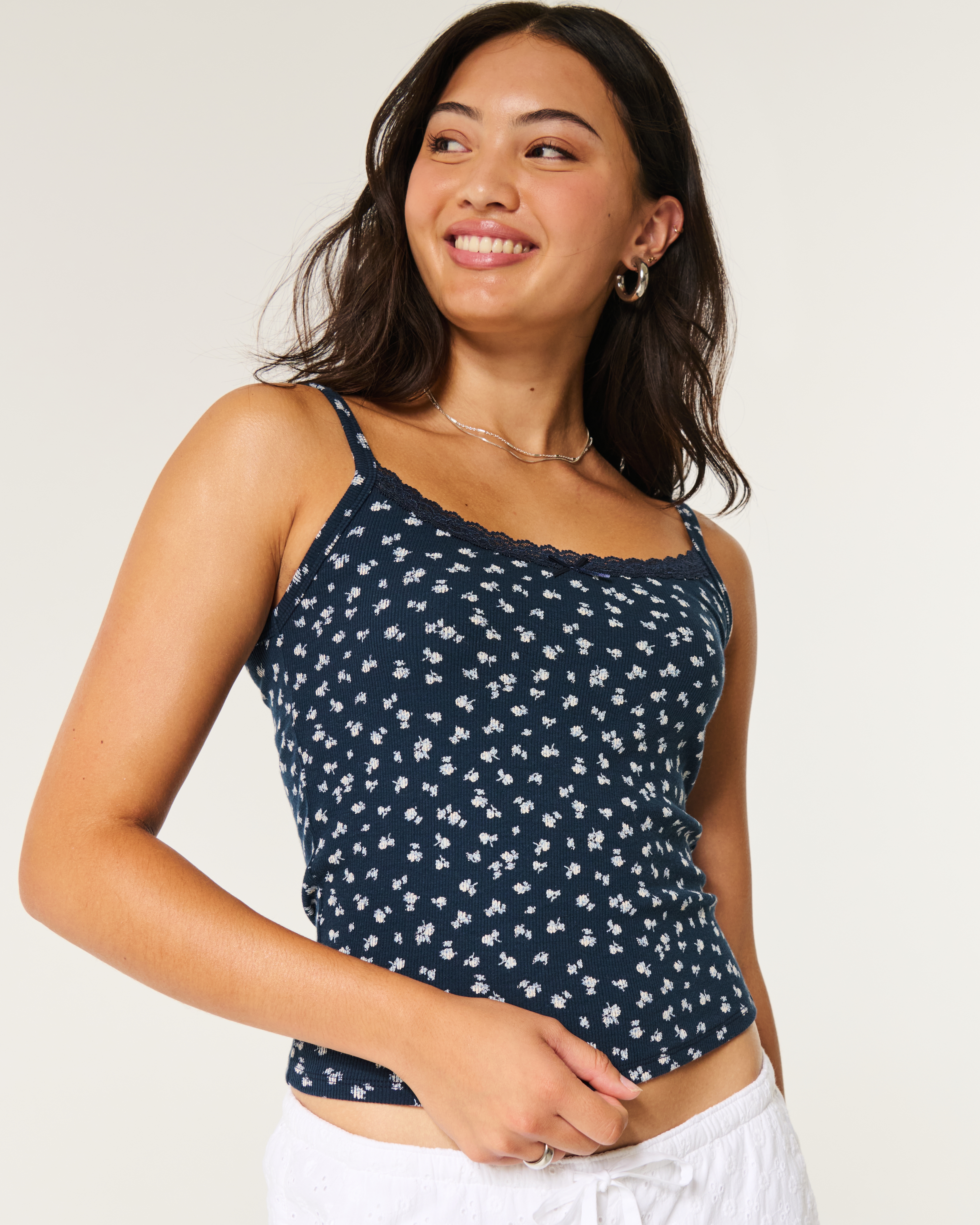 Women s Cotton Blend Lace Trim Cami in Navy Floral Size S LONG from Hollister