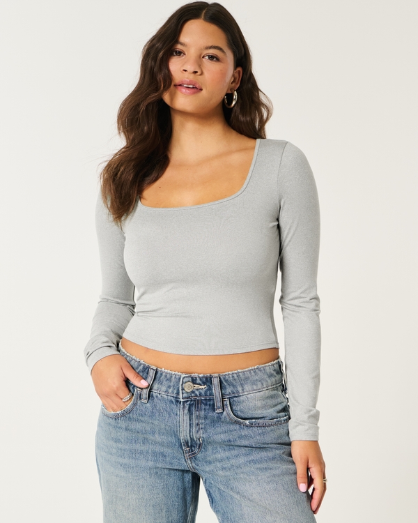 Soft Stretch Seamless Fabric Square-Neck Top, Light Heather Grey view 1