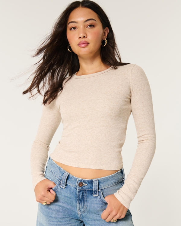 Ribbed Long-Sleeve Crew Top, Light Heather Brown