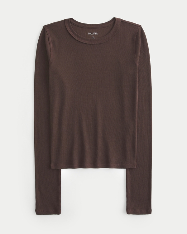 Ribbed Long-Sleeve Crew Top, Espresso