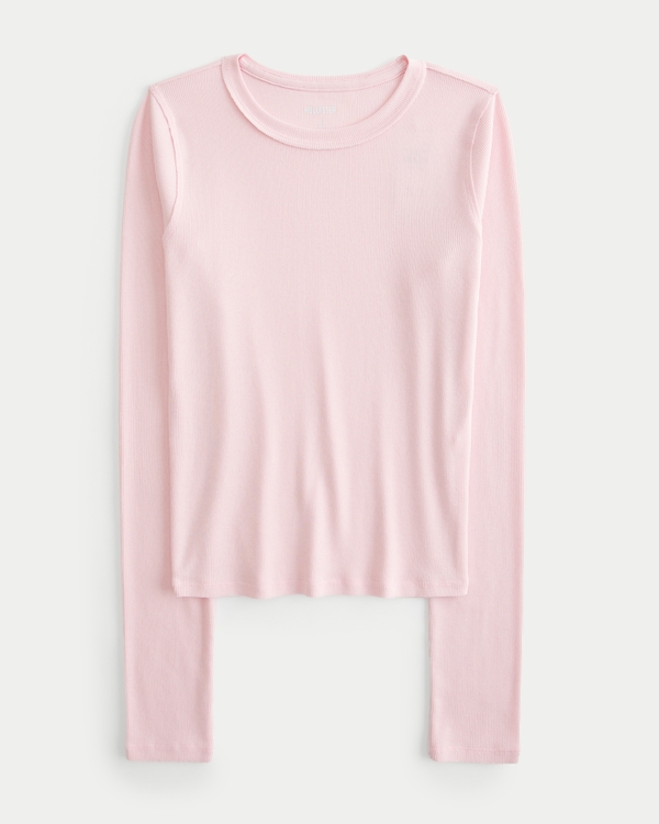 Ribbed Long-Sleeve Crew Top, Light Pink