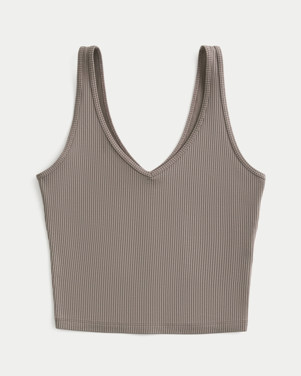 Ribbed Seamless Fabric V-Neck Tank, Taupe