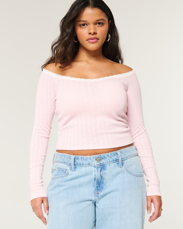 Pointelle Lace Trim Top, Light Pink