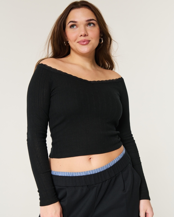 Pointelle Lace-Trim V-Neck Top, Black view 1