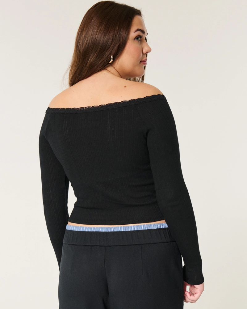 Pointelle Lace-Trim V-Neck Top