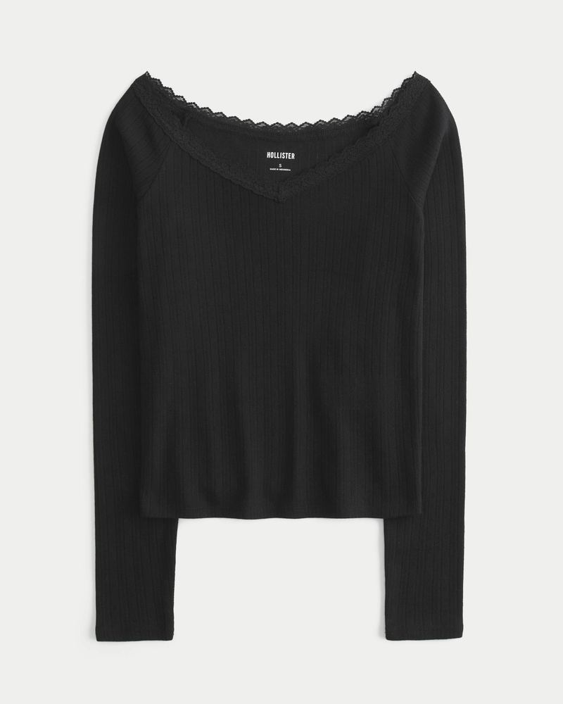 Pointelle Lace-Trim V-Neck Top