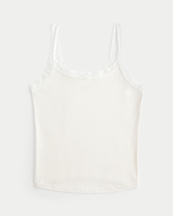 Ribbed Lace Trim Cami, Cloud White