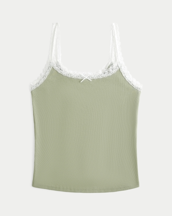 Ribbed Lace Trim Cami, Sage Green