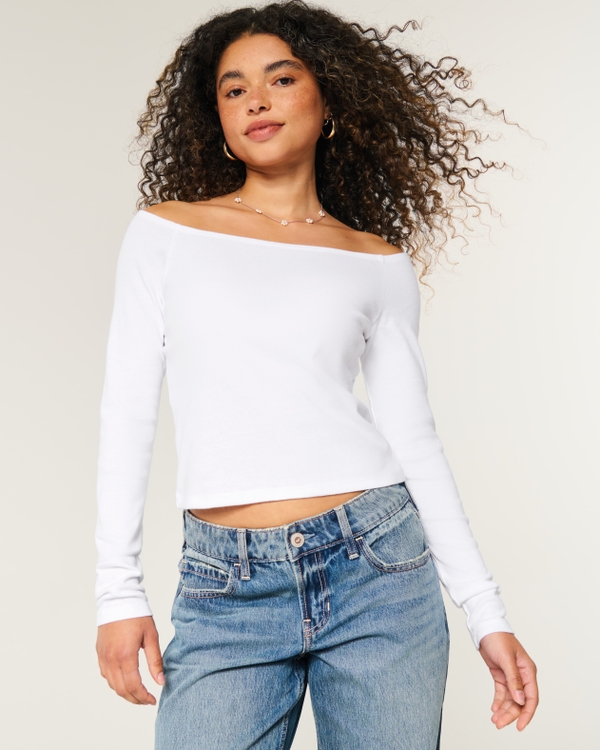 Long-Sleeve Off-the-Shoulder Top, White view 1