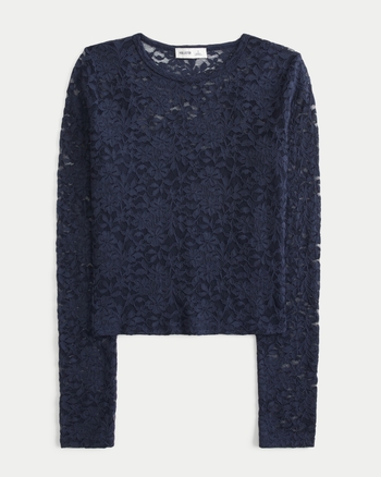 Women s All Over Lace Crew Top in Black Dd Size XS from Hollister