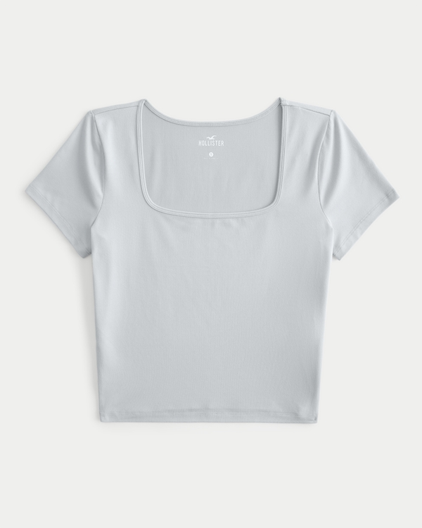 Seamless Fabric Square-Neck T-Shirt, Light Blue Grey