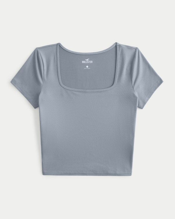 Seamless Fabric Square-Neck T-Shirt, Blue Grey