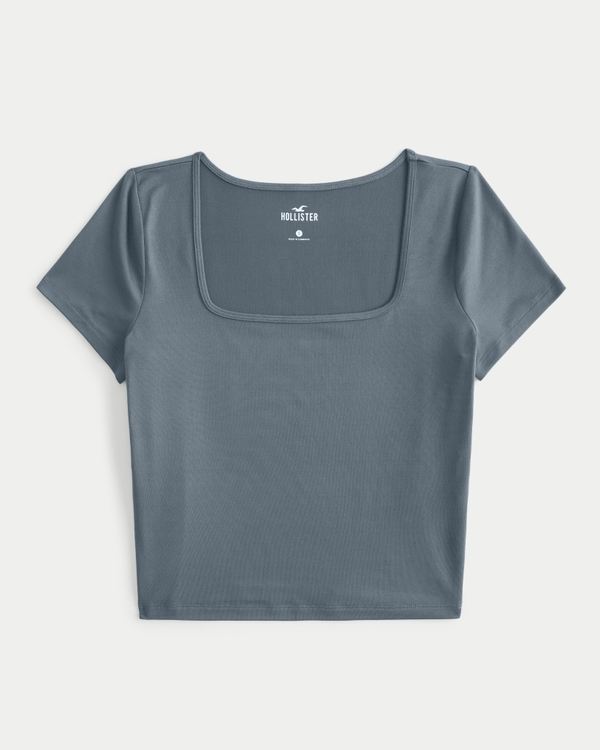 Seamless Fabric Square-Neck T-Shirt, Blue