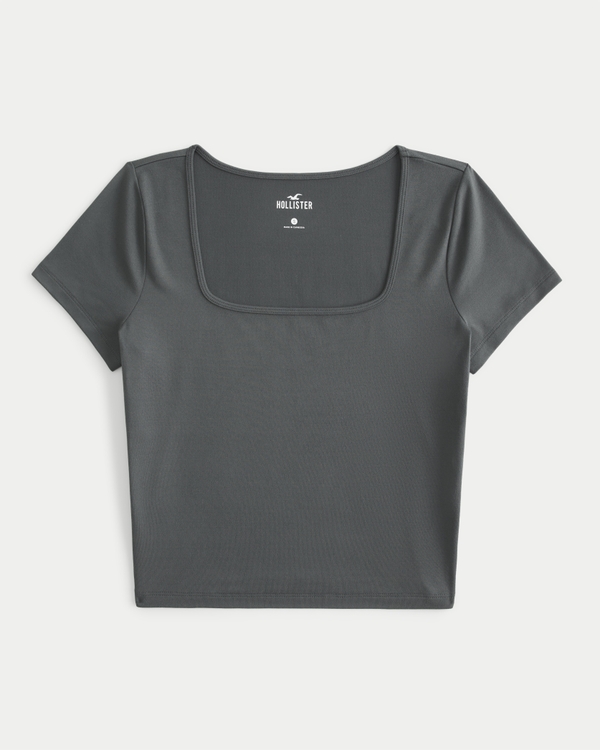 Seamless Fabric Square-Neck T-Shirt, Dark Green Grey