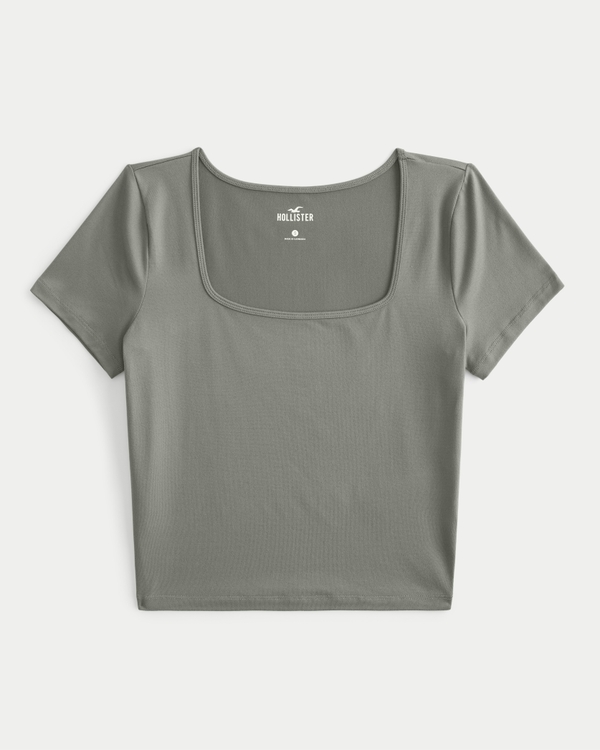 Seamless Fabric Square-Neck T-Shirt, Olive Green