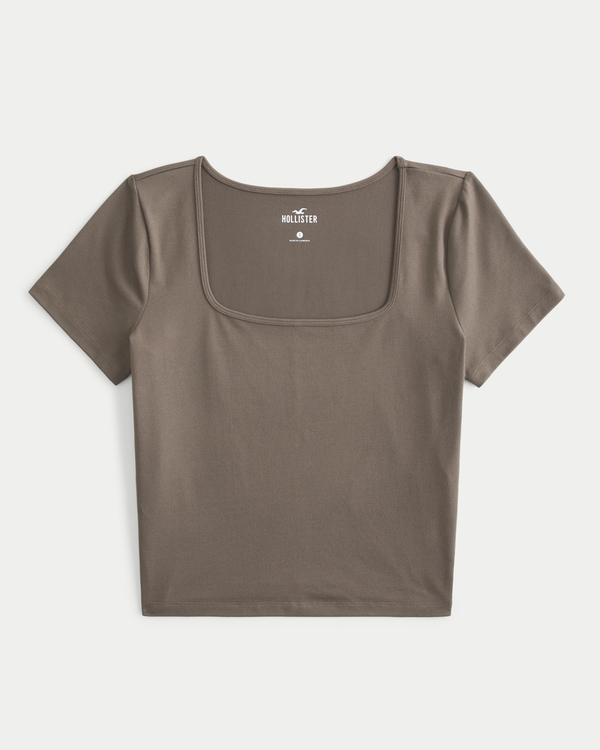 Seamless Fabric Square-Neck T-Shirt, Light Brown