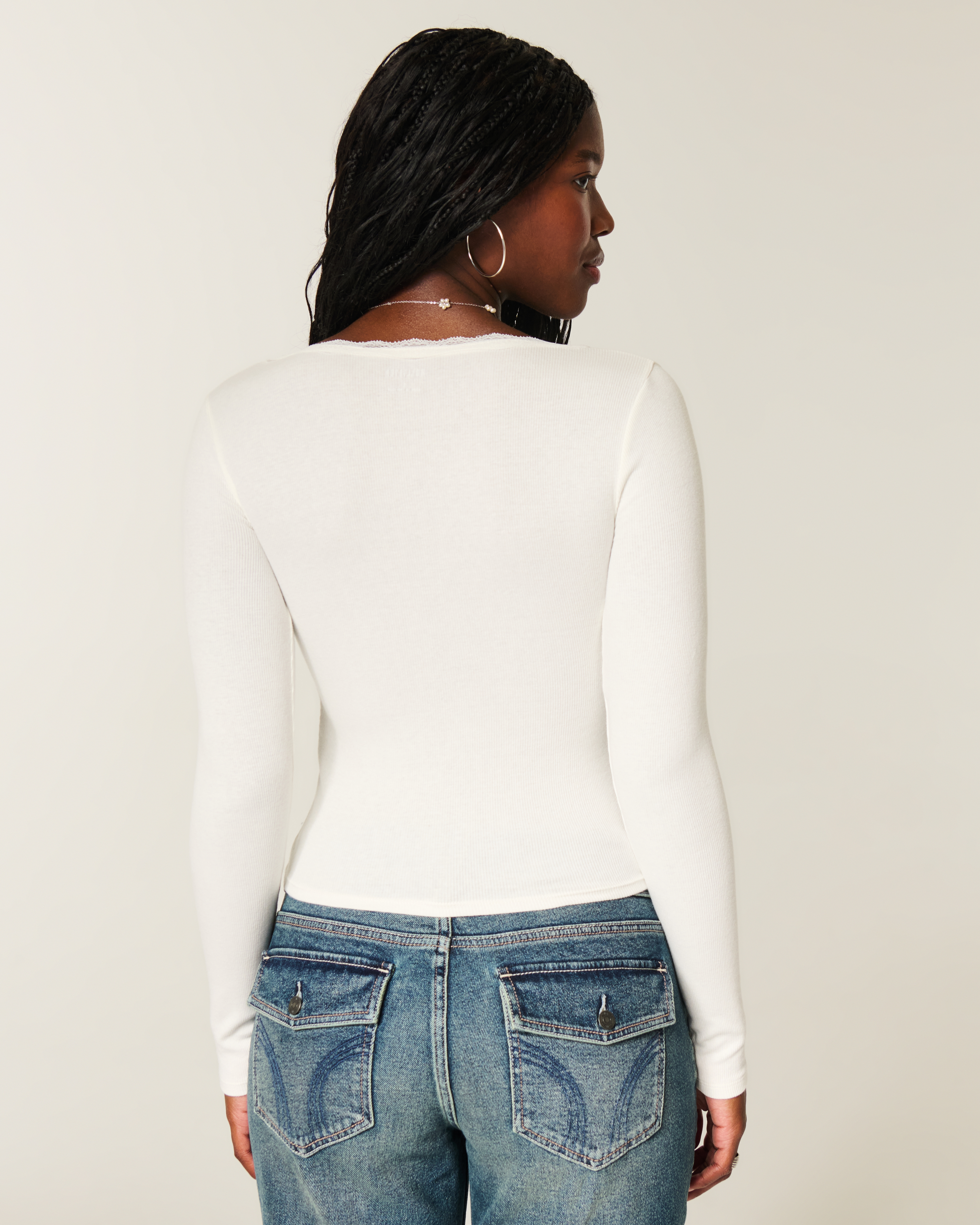 Long-Sleeve Lace Trim Wrap Top