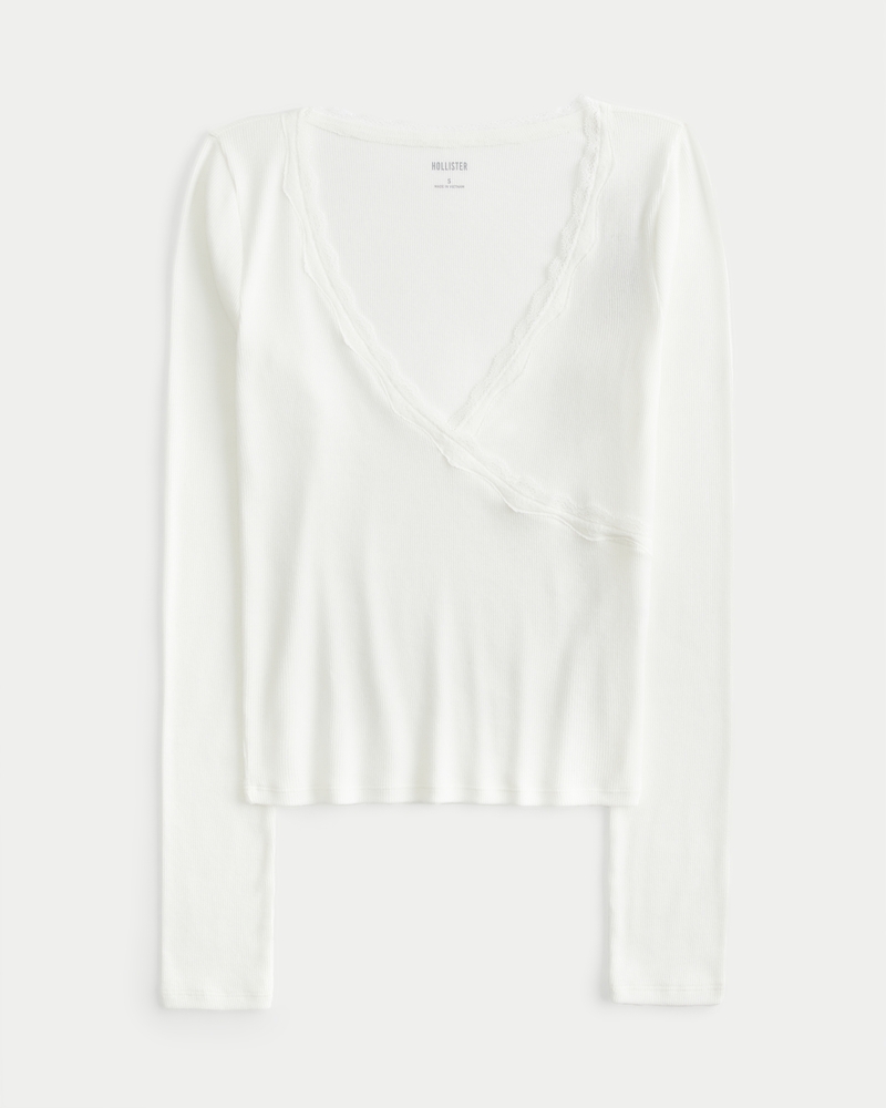 Women's Long-Sleeve Lace Trim Wrap Top Women's Tops