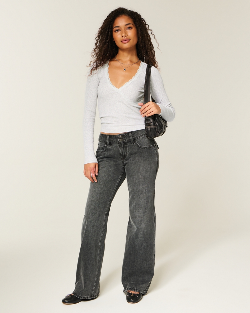 Long-Sleeve Lace Trim Wrap Top