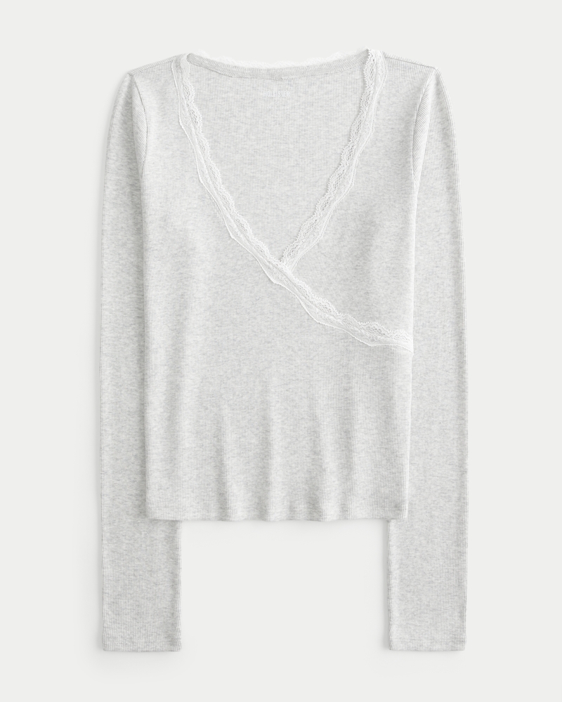 Long-Sleeve Lace Trim Wrap Top