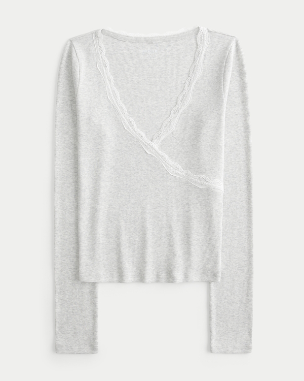 Long-Sleeve Lace Trim Wrap Top