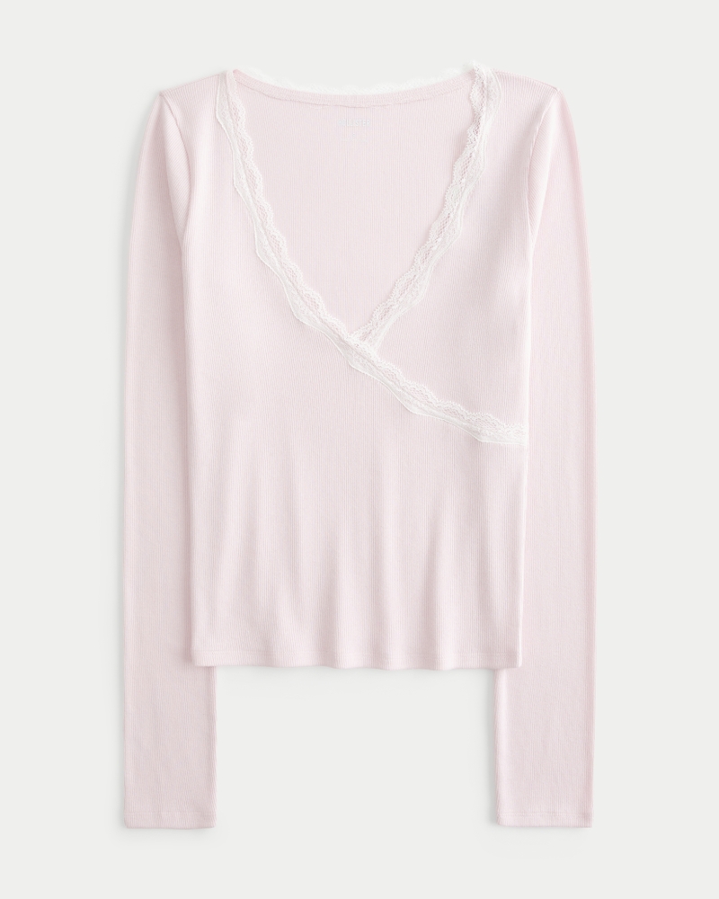 Long-Sleeve Lace Trim Wrap Top