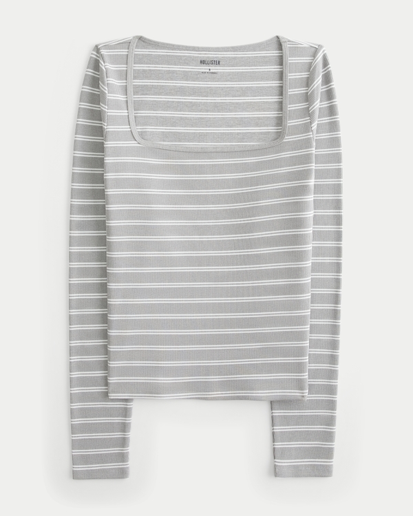 Ribbed Seamless Fabric Square-Neck Top, White Stripe view 1