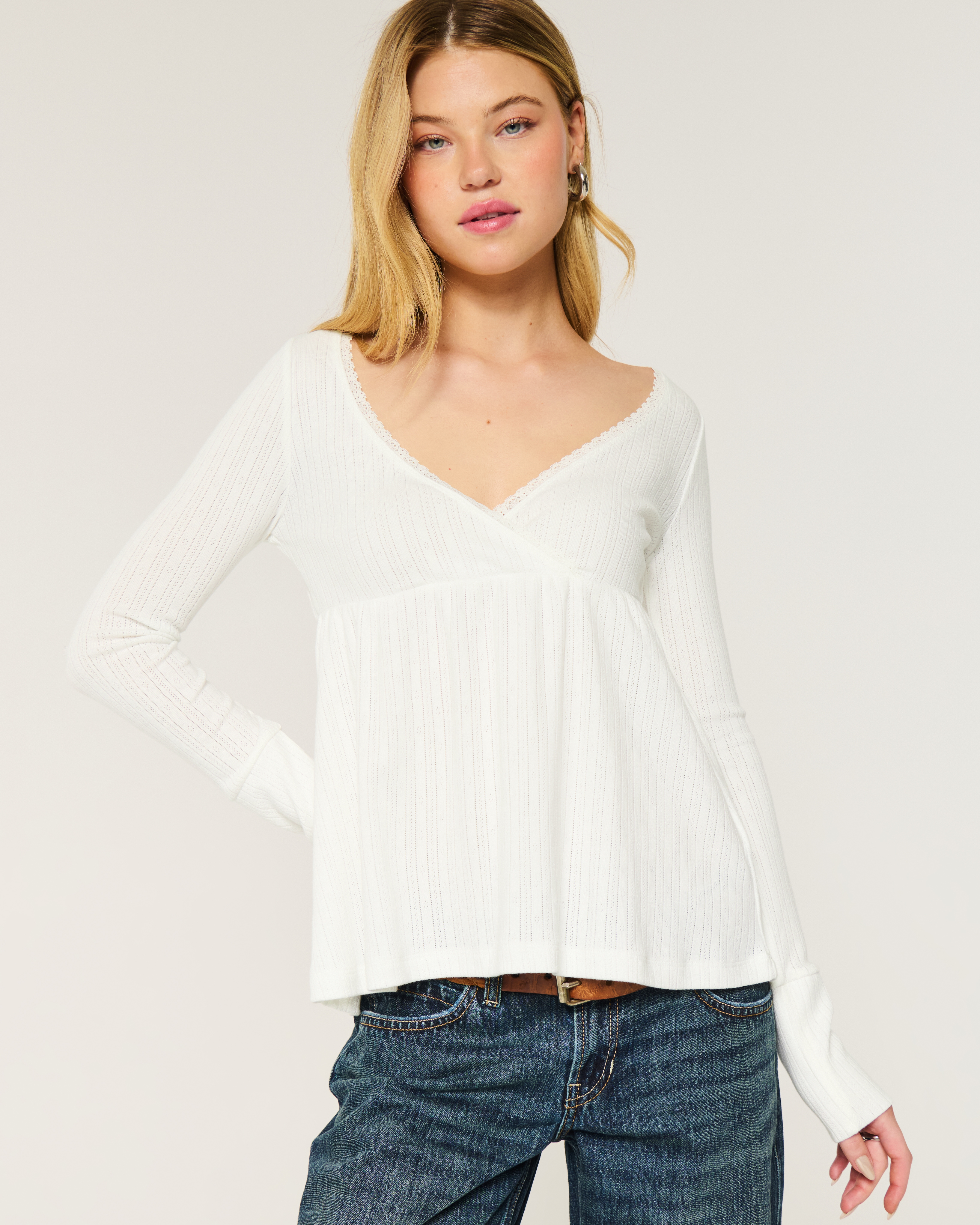 Easy Long-Sleeve Pointelle Babydoll Top