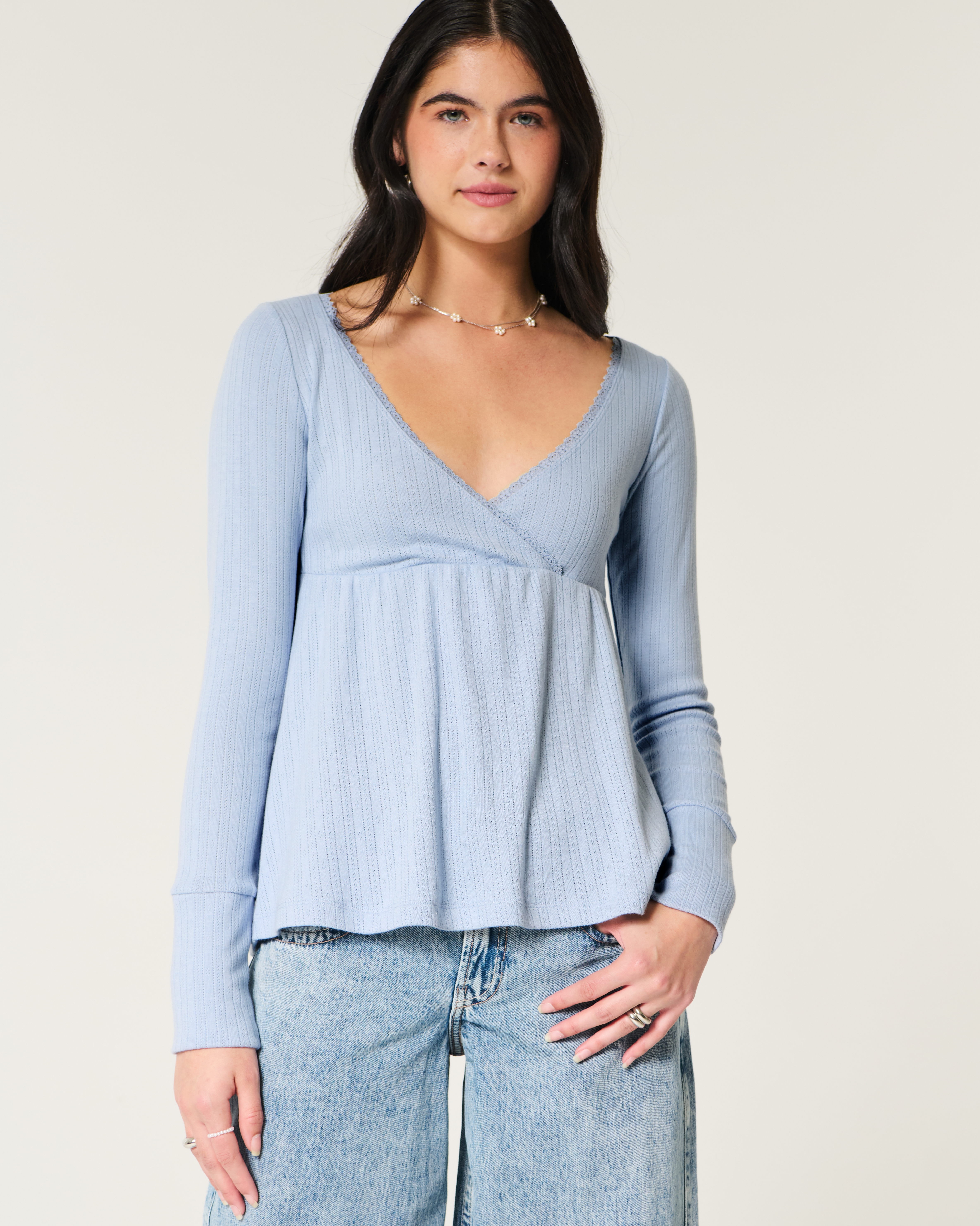 Easy Long-Sleeve Pointelle Babydoll Top