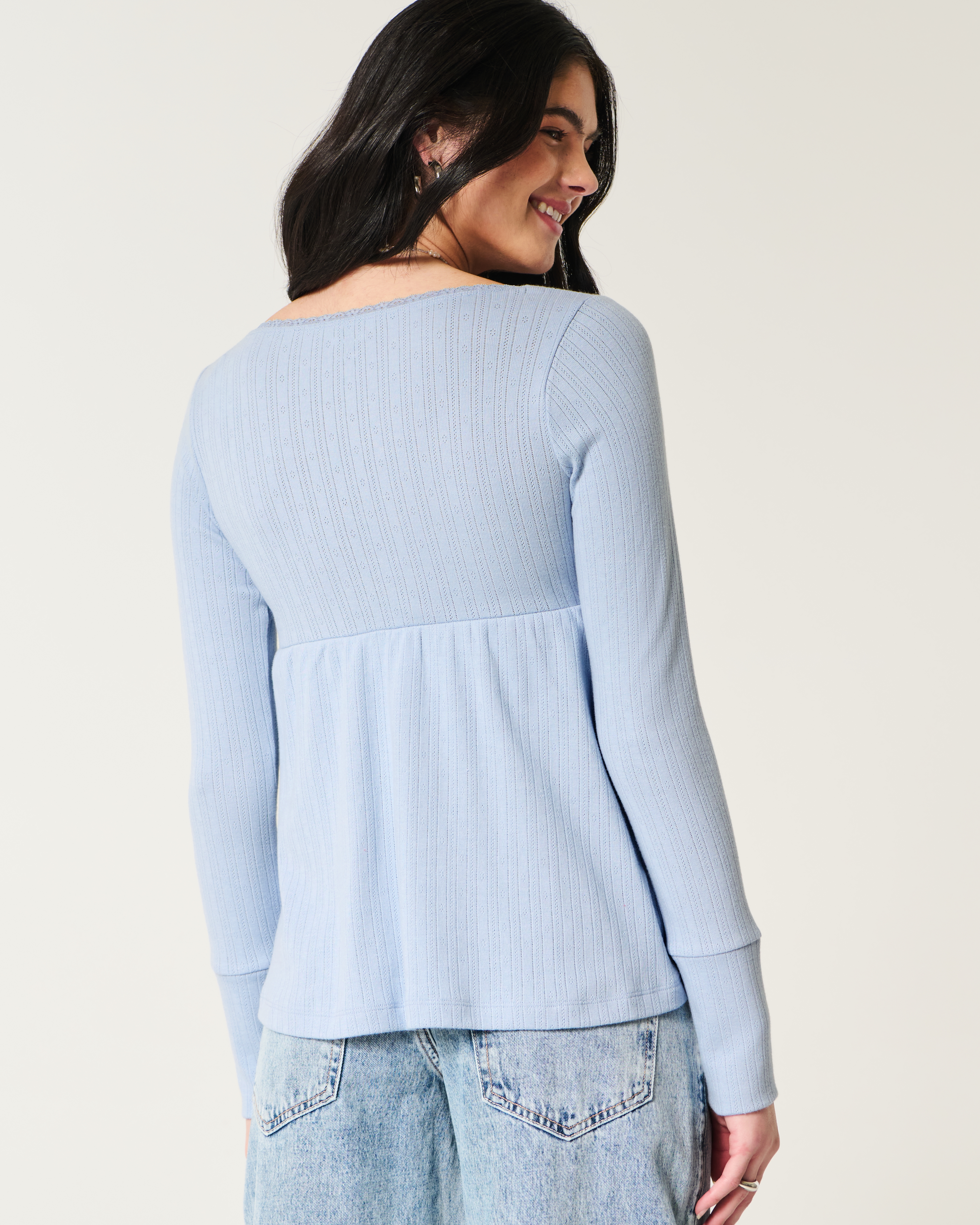 Easy Long-Sleeve Pointelle Babydoll Top