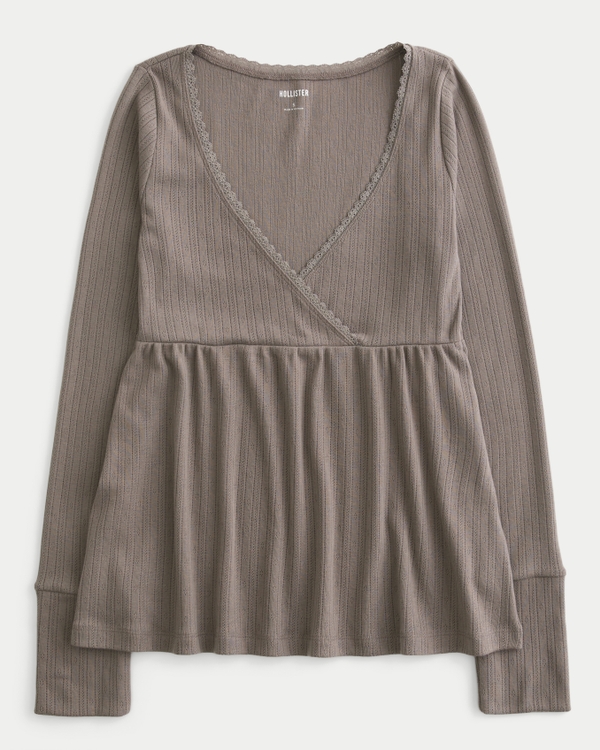 Easy Long-Sleeve Pointelle Babydoll Top, Taupe view 1