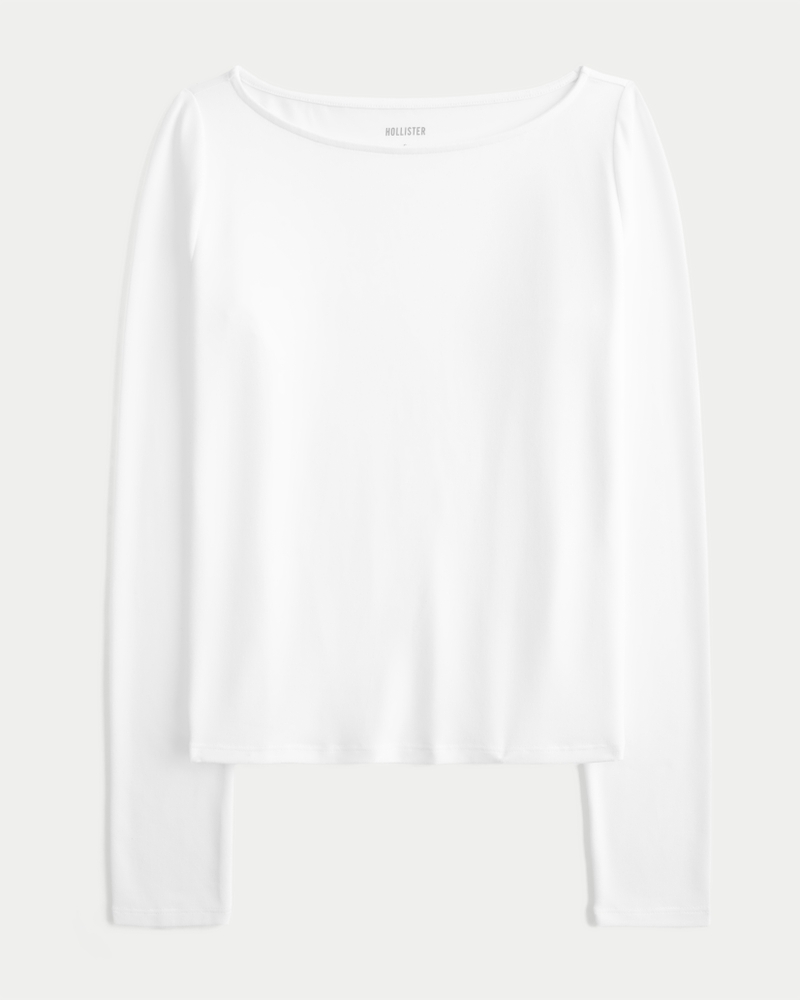 Long-Sleeve Seamless Fabric Slash-Neck Top