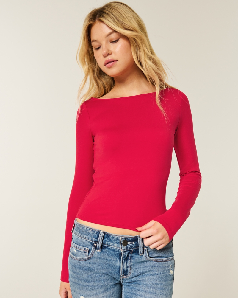 Long-Sleeve Seamless Fabric Slash-Neck Top