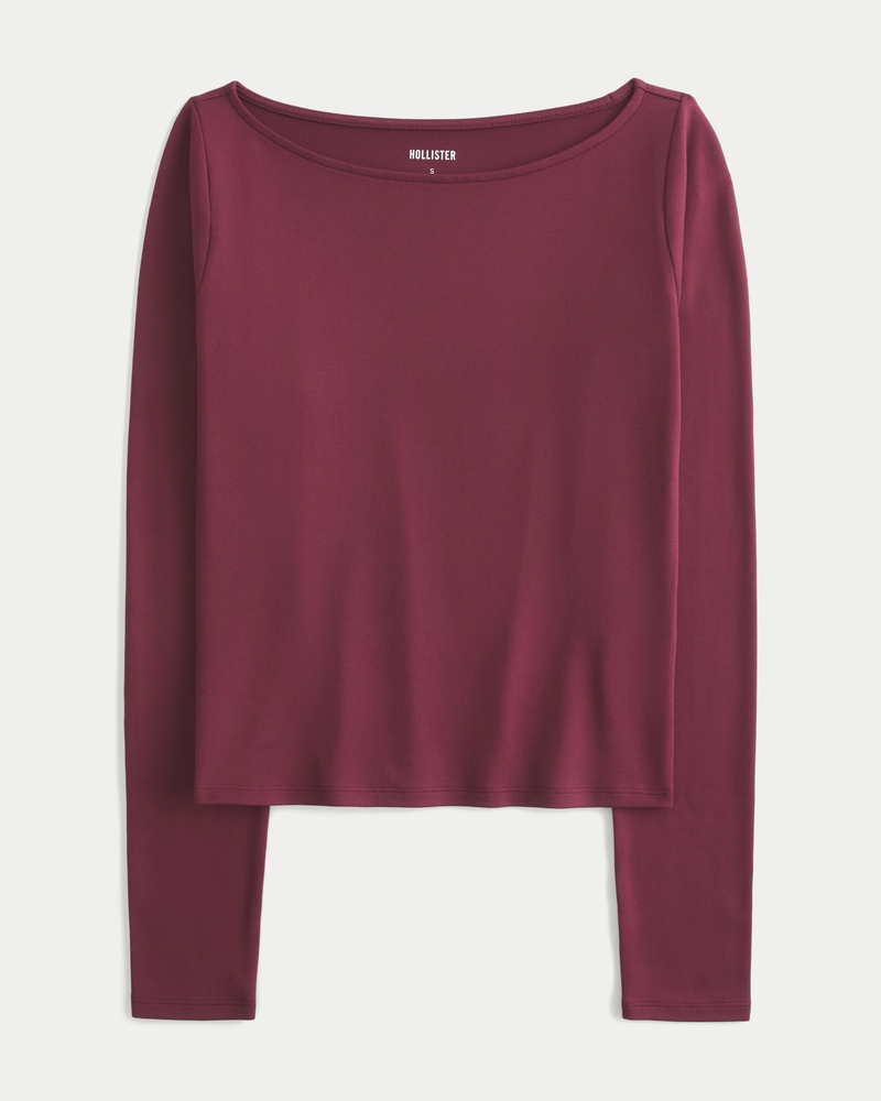 Long-Sleeve Seamless Fabric Slash-Neck Top