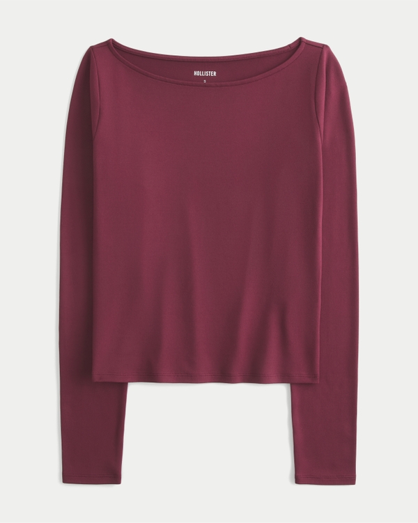 Long-Sleeve Seamless Fabric Slash-Neck Top
