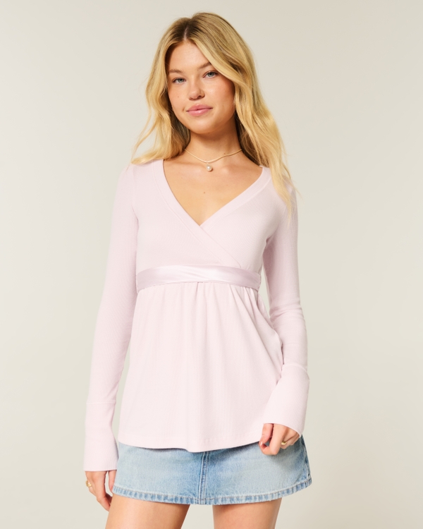 Easy Long-Sleeve Wrap-Front Babydoll Top, Light Lilac view 1