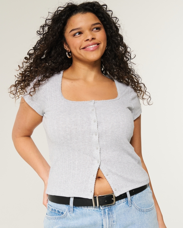 Short-Sleeve Button-Through Pointelle Top, Light Heather Gray view 1